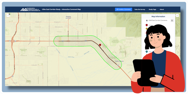 US 60 East Corridor Study map highlighting the segment between Ironwood Drive and Kings Ranch Road in Apache Junction