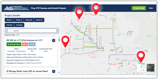 Image of a map where is Prop 479 Freeway and Arterial Projects shown